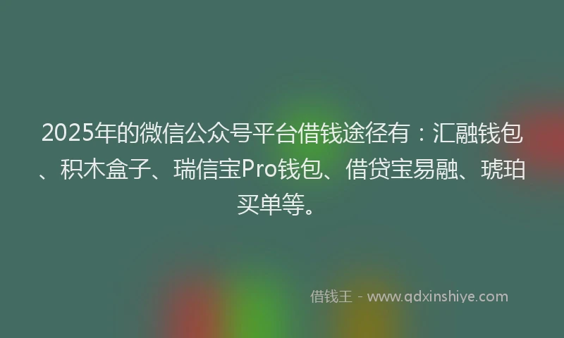2025年的微信公众号平台借钱途径有：汇融钱包、积木盒子、瑞信宝Pro钱包、借贷宝易融、琥珀买单等。