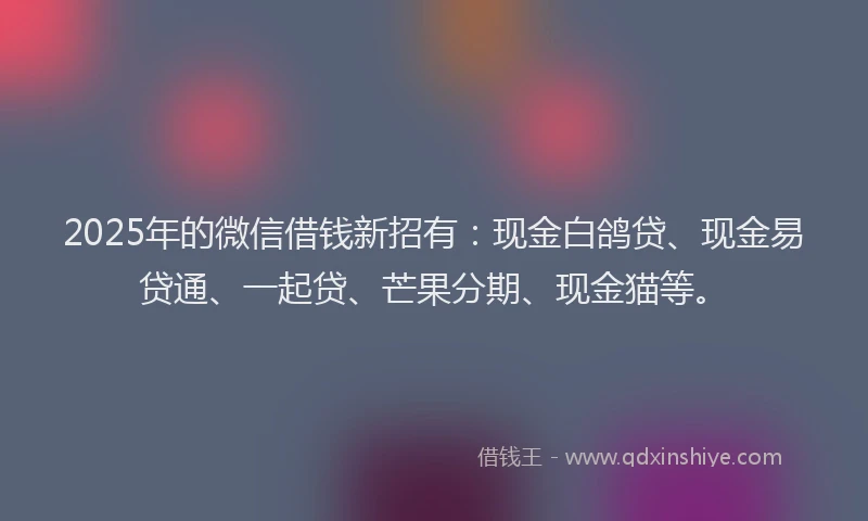 2025年的微信借钱新招有：现金白鸽贷、现金易贷通、一起贷、芒果分期、现金猫等。