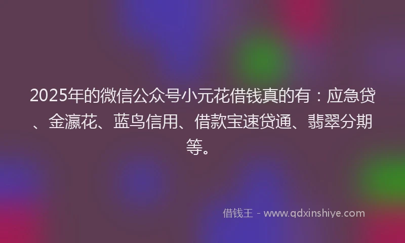 2025年的微信公众号小元花借钱真的有：应急贷、金瀛花、蓝鸟信用、借款宝速贷通、翡翠分期等。