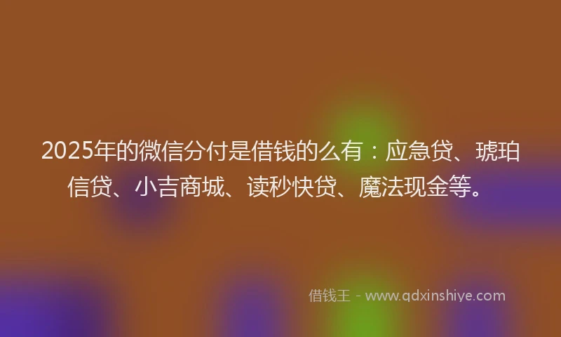 2025年的微信分付是借钱的么有：应急贷、琥珀信贷、小吉商城、读秒快贷、魔法现金等。