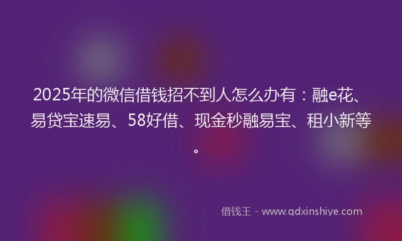 2025年的微信借钱招不到人怎么办有：融e花、易贷宝速易、58好借、现金秒融易宝、租小新等。