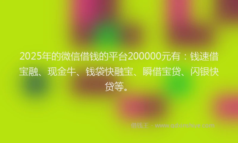 2025年的微信借钱的平台200000元有：钱速借宝融、现金牛、钱袋快融宝、瞬借宝贷、闪银快贷等。