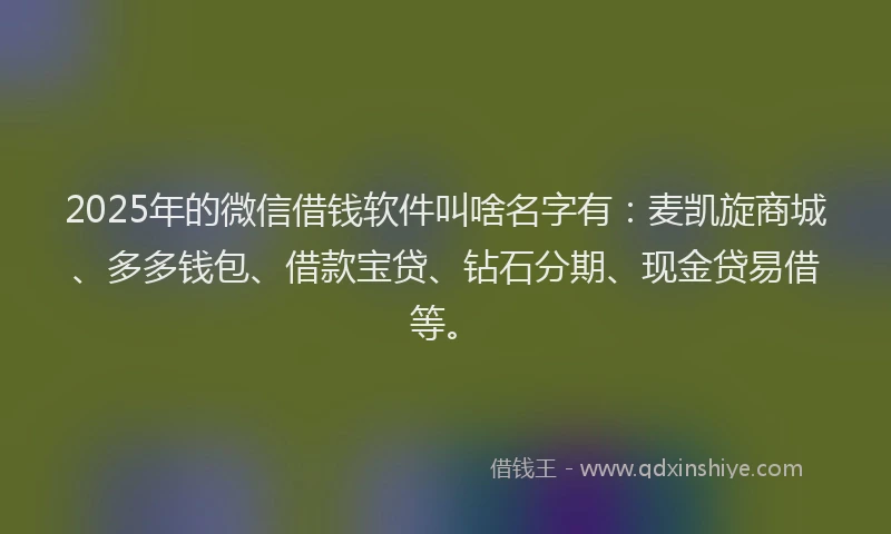 2025年的微信借钱软件叫啥名字有：麦凯旋商城、多多钱包、借款宝贷、钻石分期、现金贷易借等。