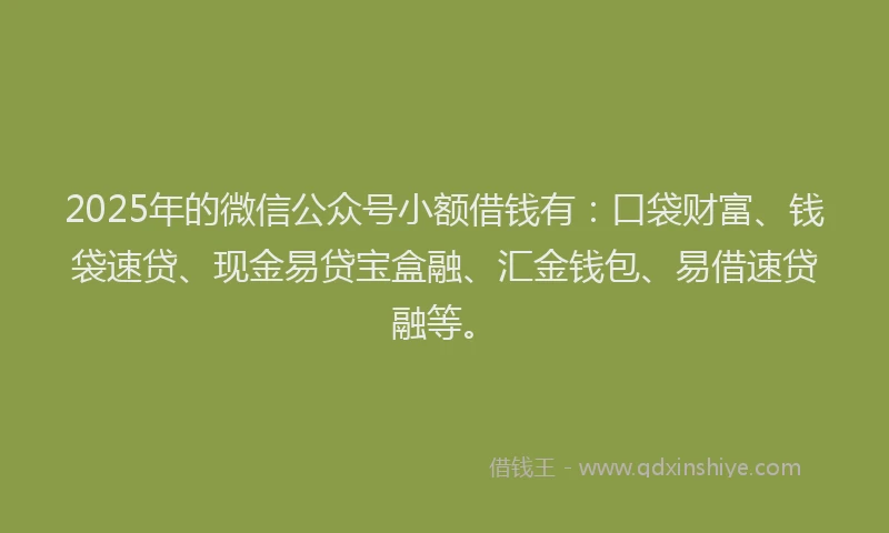 2025年的微信公众号小额借钱有：口袋财富、钱袋速贷、现金易贷宝盒融、汇金钱包、易借速贷融等。