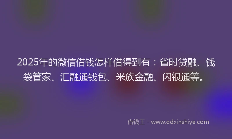 2025年的微信借钱怎样借得到有：省时贷融、钱袋管家、汇融通钱包、米族金融、闪银通等。