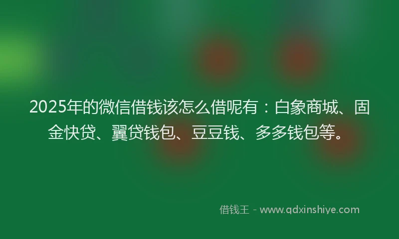2025年的微信借钱该怎么借呢有：白象商城、固金快贷、翼贷钱包、豆豆钱、多多钱包等。