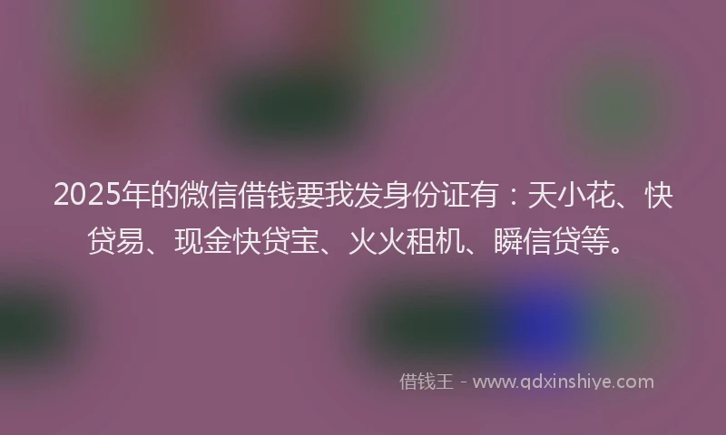 2025年的微信借钱要我发身份证有：天小花、快贷易、现金快贷宝、火火租机、瞬信贷等。