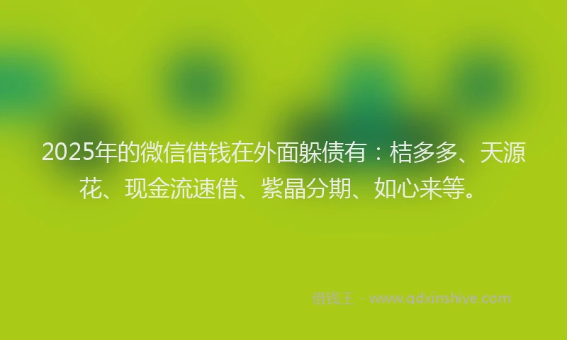 2025年的微信借钱在外面躲债有：桔多多、天源花、现金流速借、紫晶分期、如心来等。