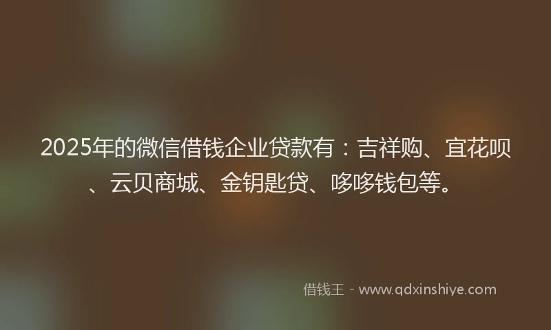 2025年的微信借钱企业贷款有：吉祥购、宜花呗、云贝商城、金钥匙贷、哆哆钱包等。