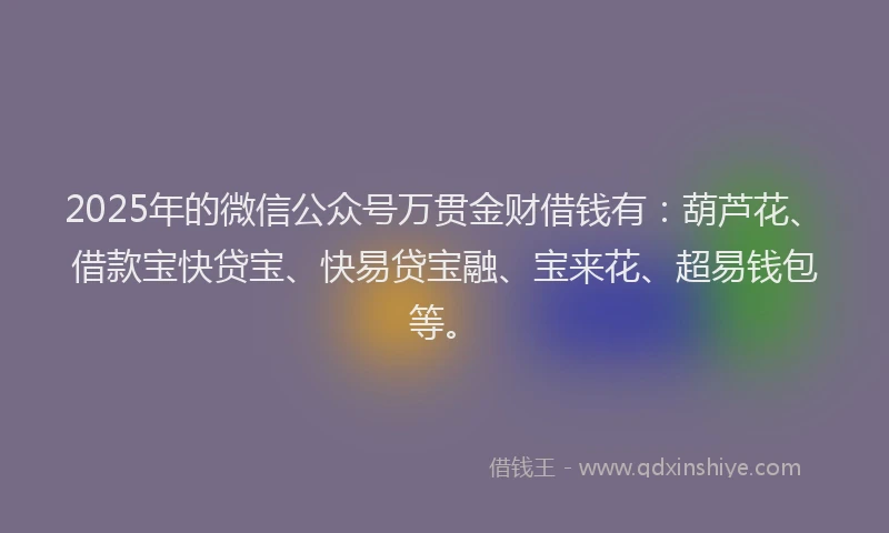 2025年的微信公众号万贯金财借钱有：葫芦花、借款宝快贷宝、快易贷宝融、宝来花、超易钱包等。