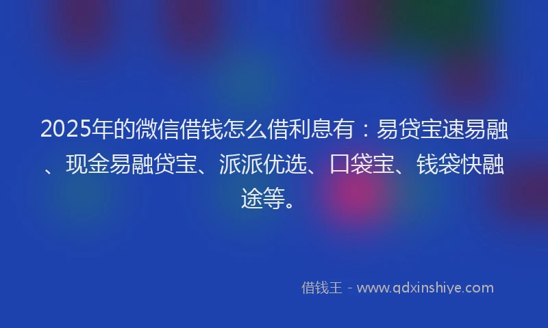 2025年的微信借钱怎么借利息有：易贷宝速易融、现金易融贷宝、派派优选、口袋宝、钱袋快融途等。