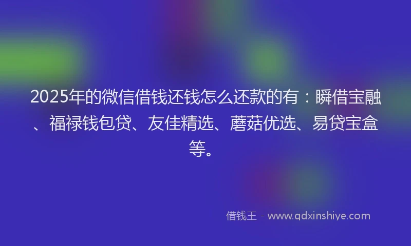 2025年的微信借钱还钱怎么还款的有：瞬借宝融、福禄钱包贷、友佳精选、蘑菇优选、易贷宝盒等。