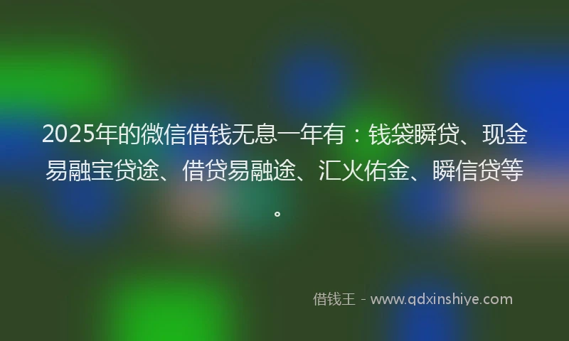 2025年的微信借钱无息一年有：钱袋瞬贷、现金易融宝贷途、借贷易融途、汇火佑金、瞬信贷等。