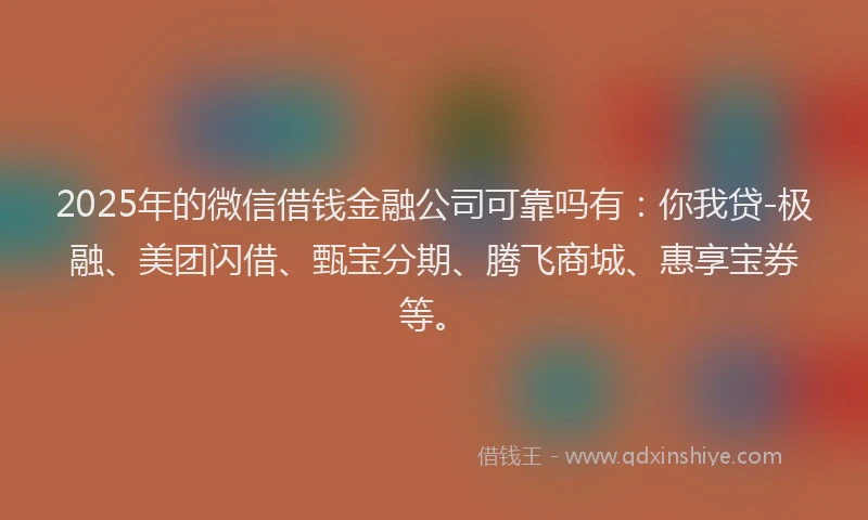 2025年的微信借钱金融公司可靠吗有：你我贷-极融、美团闪借、甄宝分期、腾飞商城、惠享宝券等。