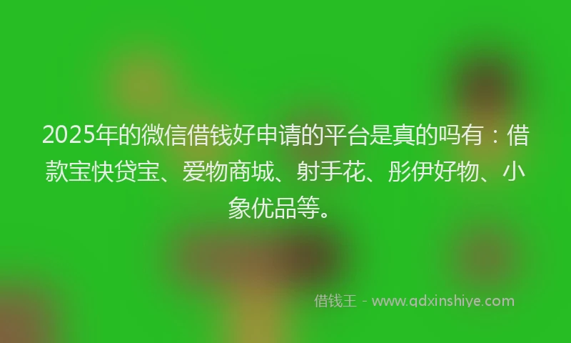 2025年的微信借钱好申请的平台是真的吗有：借款宝快贷宝、爱物商城、射手花、彤伊好物、小象优品等。