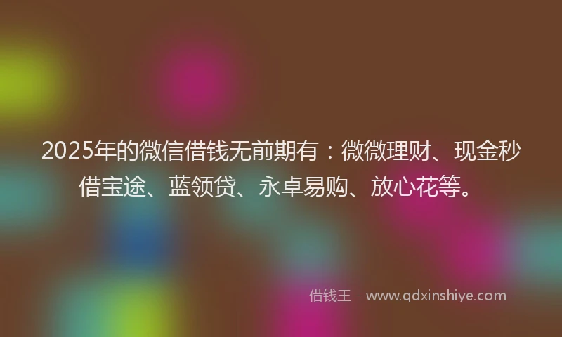 2025年的微信借钱无前期有：微微理财、现金秒借宝途、蓝领贷、永卓易购、放心花等。