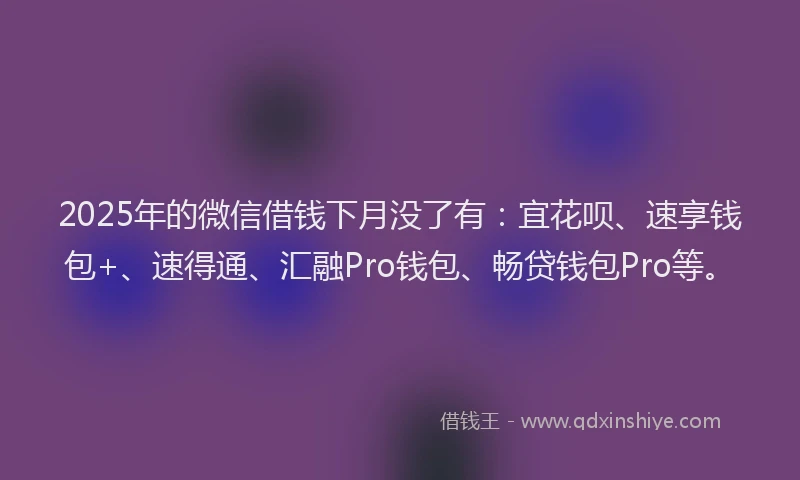 2025年的微信借钱下月没了有：宜花呗、速享钱包+、速得通、汇融Pro钱包、畅贷钱包Pro等。