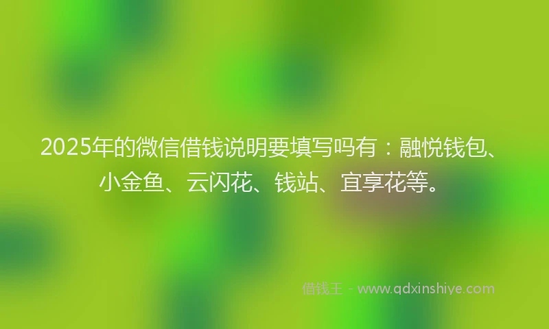 2025年的微信借钱说明要填写吗有：融悦钱包、小金鱼、云闪花、钱站、宜享花等。