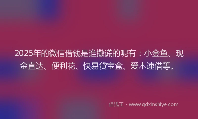 2025年的微信借钱是谁撒谎的呢有：小金鱼、现金直达、便利花、快易贷宝盒、爱木速借等。