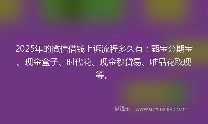 2025年的微信借钱上诉流程多久有：甄宝分期宝、现金盒子、时代花、现金秒贷易、唯品花取现等。