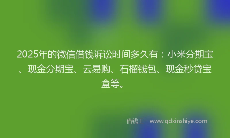 2025年的微信借钱诉讼时间多久有：小米分期宝、现金分期宝、云易购、石榴钱包、现金秒贷宝盒等。