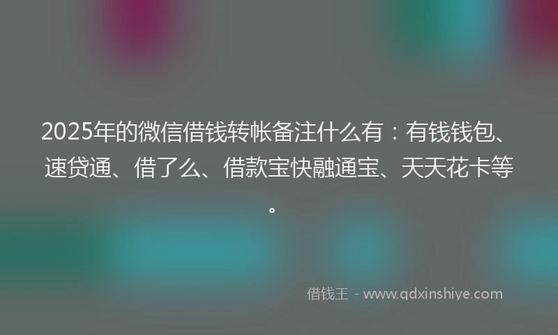 2025年的微信借钱转帐备注什么有：有钱钱包、速贷通、借了么、借款宝快融通宝、天天花卡等。
