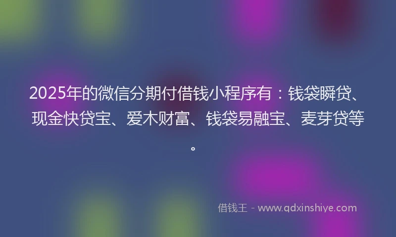 2025年的微信分期付借钱小程序有：钱袋瞬贷、现金快贷宝、爱木财富、钱袋易融宝、麦芽贷等。