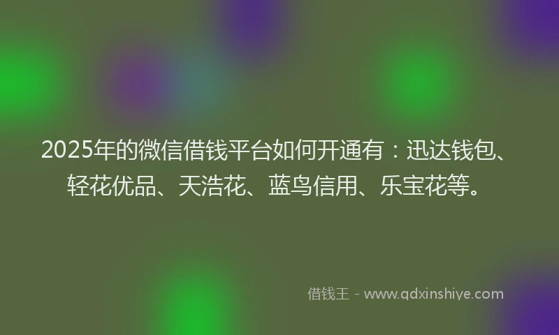 2025年的微信借钱平台如何开通有：迅达钱包、轻花优品、天浩花、蓝鸟信用、乐宝花等。