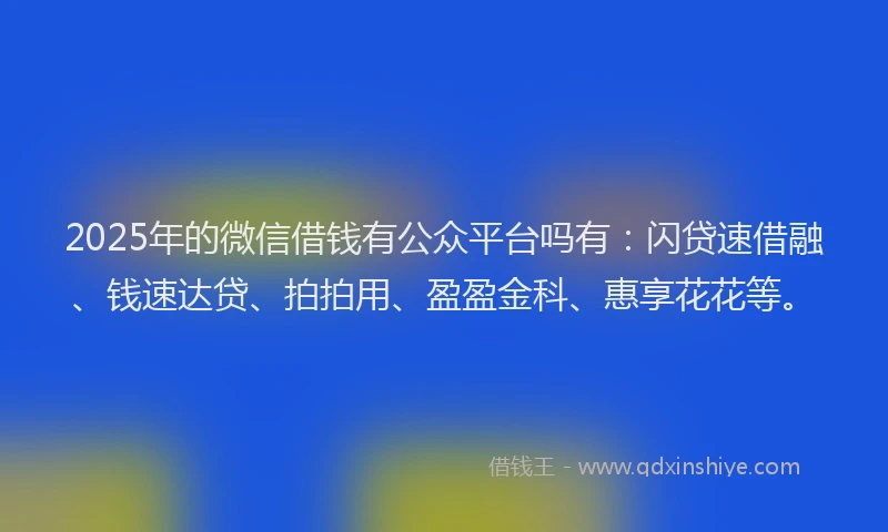 2025年的微信借钱有公众平台吗有：闪贷速借融、钱速达贷、拍拍用、盈盈金科、惠享花花等。