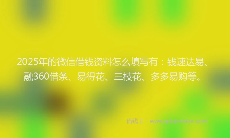 2025年的微信借钱资料怎么填写有：钱速达易、融360借条、易得花、三枝花、多多易购等。