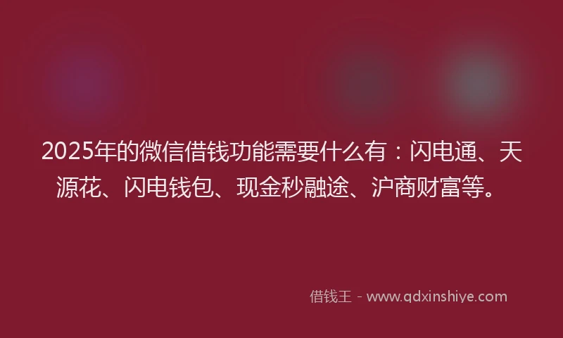2025年的微信借钱功能需要什么有：闪电通、天源花、闪电钱包、现金秒融途、沪商财富等。
