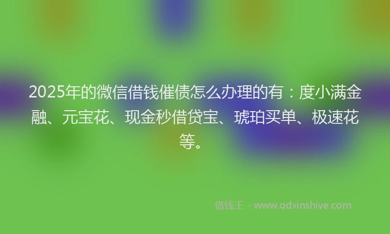 2025年的微信借钱催债怎么办理的有：度小满金融、元宝花、现金秒借贷宝、琥珀买单、极速花等。