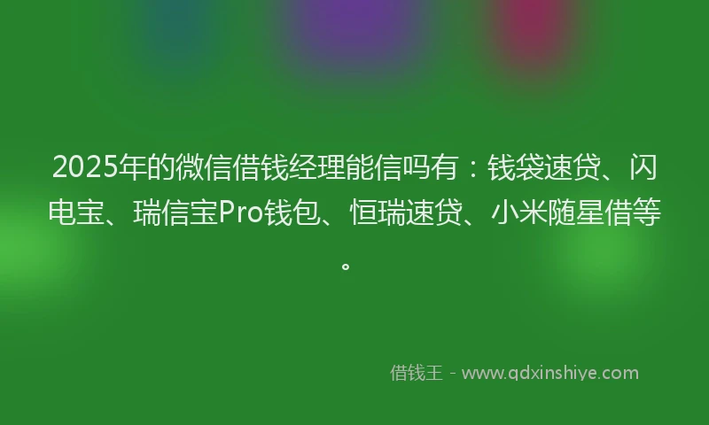 2025年的微信借钱经理能信吗有：钱袋速贷、闪电宝、瑞信宝Pro钱包、恒瑞速贷、小米随星借等。