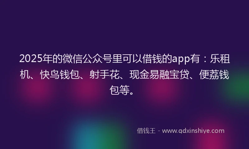 2025年的微信公众号里可以借钱的app有：乐租机、快鸟钱包、射手花、现金易融宝贷、便荔钱包等。