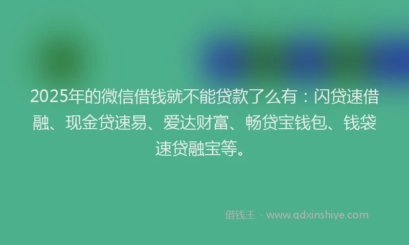 2025年的微信借钱就不能贷款了么有：闪贷速借融、现金贷速易、爱达财富、畅贷宝钱包、钱袋速贷融宝等。