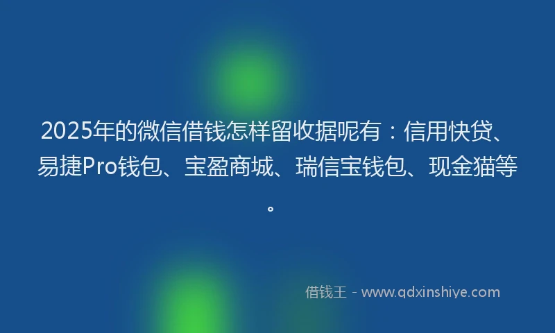 2025年的微信借钱怎样留收据呢有：信用快贷、易捷Pro钱包、宝盈商城、瑞信宝钱包、现金猫等。