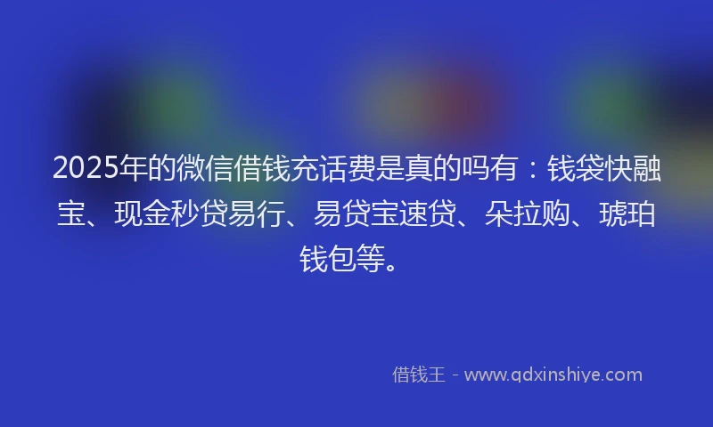 2025年的微信借钱充话费是真的吗有：钱袋快融宝、现金秒贷易行、易贷宝速贷、朵拉购、琥珀钱包等。