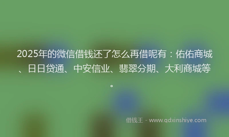 2025年的微信借钱还了怎么再借呢有：佑佑商城、日日贷通、中安信业、翡翠分期、大利商城等。