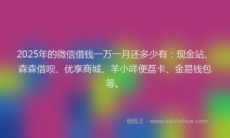 2025年的微信借钱一万一月还多少有：现金站、森森借呗、优享商城、羊小咩便荔卡、金易钱包等。