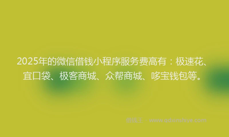 2025年的微信借钱小程序服务费高有：极速花、宜口袋、极客商城、众帮商城、哆宝钱包等。