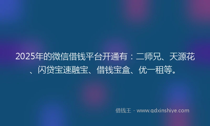 2025年的微信借钱平台开通有：二师兄、天源花、闪贷宝速融宝、借钱宝盒、优一租等。