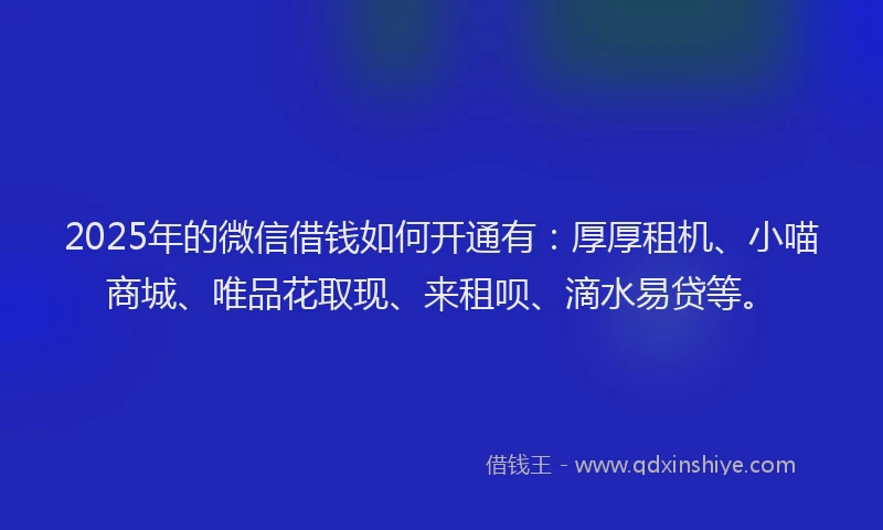 2025年的微信借钱如何开通有：厚厚租机、小喵商城、唯品花取现、来租呗、滴水易贷等。