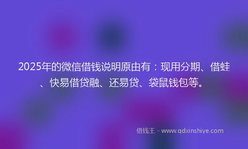 2025年的微信借钱说明原由有：现用分期、借蛙、快易借贷融、还易贷、袋鼠钱包等。