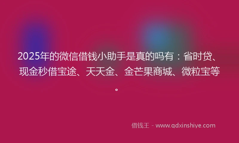 2025年的微信借钱小助手是真的吗有：省时贷、现金秒借宝途、天天金、金芒果商城、微粒宝等。