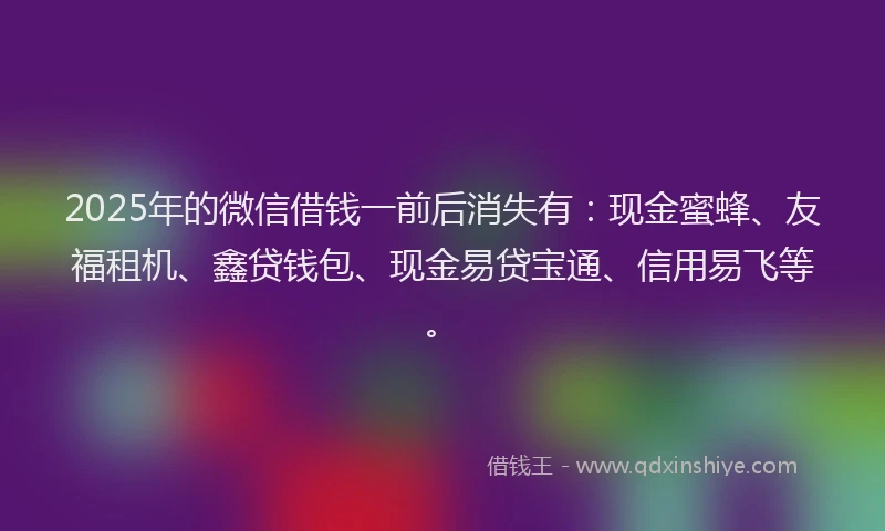 2025年的微信借钱一前后消失有：现金蜜蜂、友福租机、鑫贷钱包、现金易贷宝通、信用易飞等。