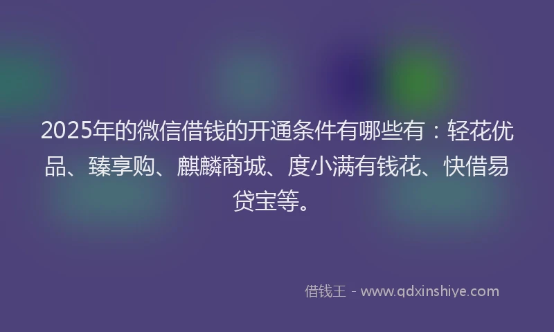 2025年的微信借钱的开通条件有哪些有：轻花优品、臻享购、麒麟商城、度小满有钱花、快借易贷宝等。
