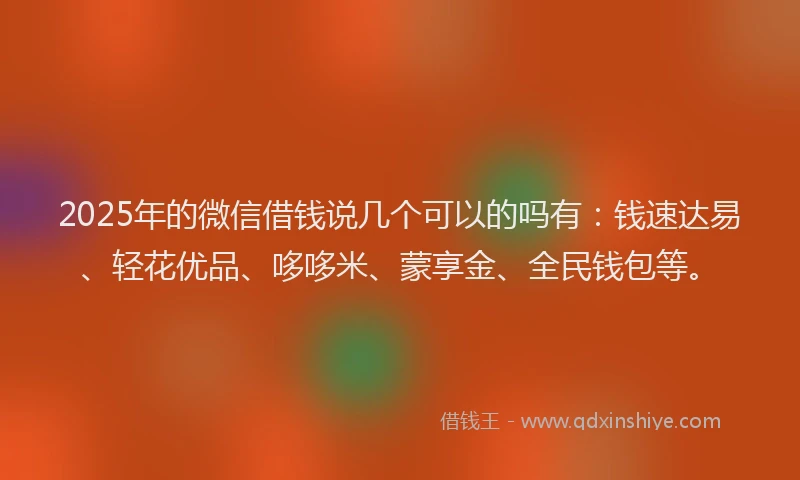 2025年的微信借钱说几个可以的吗有：钱速达易、轻花优品、哆哆米、蒙享金、全民钱包等。
