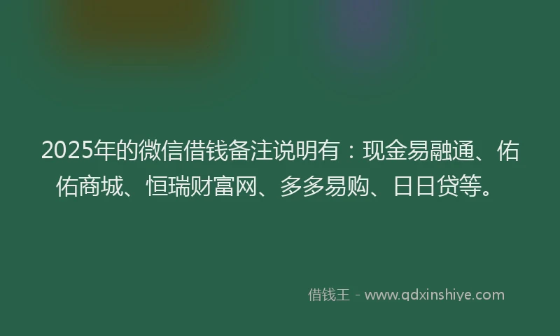 2025年的微信借钱备注说明有：现金易融通、佑佑商城、恒瑞财富网、多多易购、日日贷等。