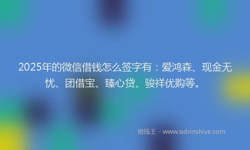 2025年的微信借钱怎么签字有：爱鸿森、现金无忧、团借宝、臻心贷、骏祥优购等。