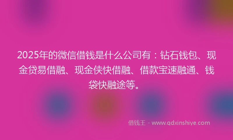 2025年的微信借钱是什么公司有：钻石钱包、现金贷易借融、现金侠快借融、借款宝速融通、钱袋快融途等。